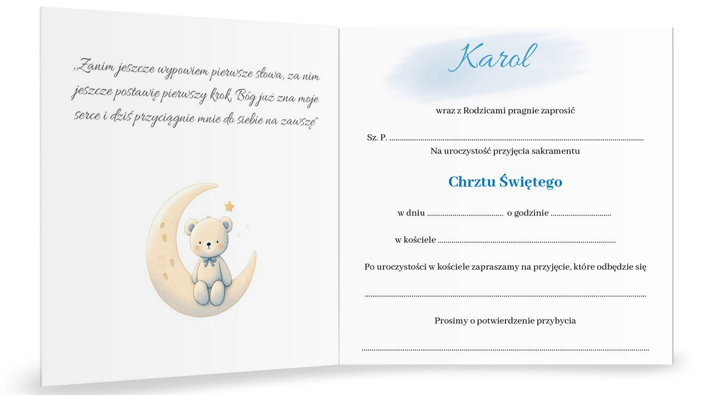 Zaproszenie na Chrzest składane 15x15 z kopertą - Miś pluszowy na rowerku