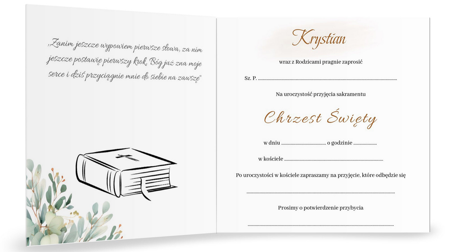Zaproszenie na Chrzest składane 15x15 z kopertą - Świeca i eukaliptus