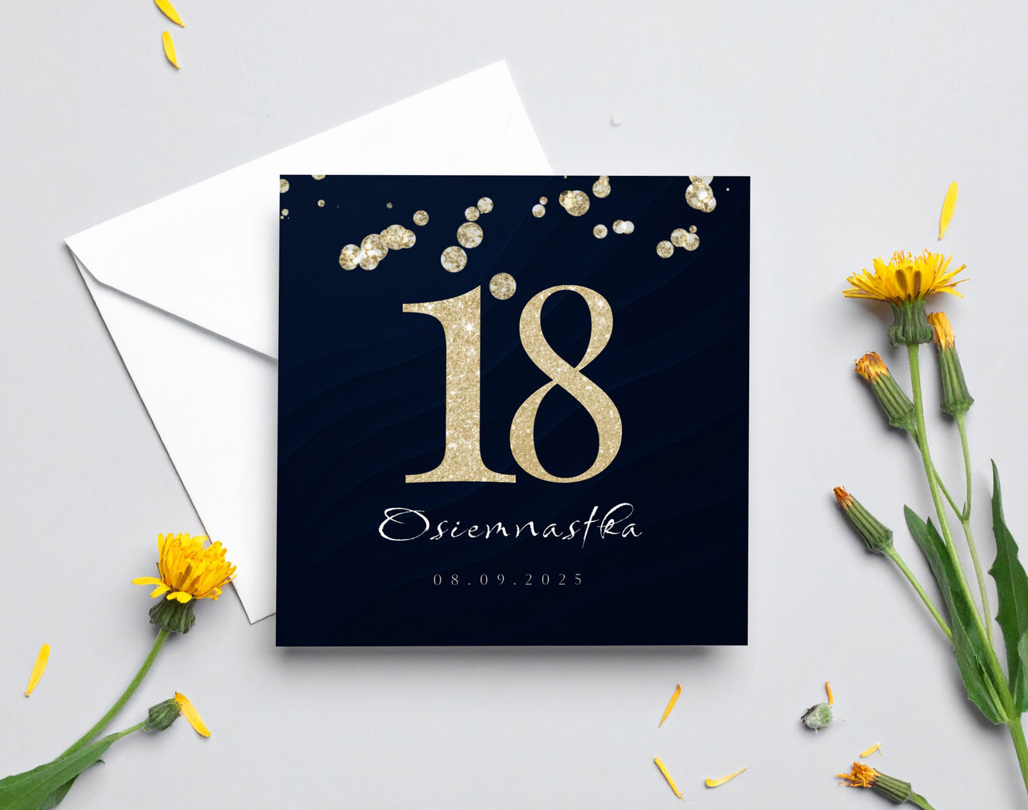 Zaproszenie na 18 urodziny 15x15 z kopertą - Niebiesko-złote