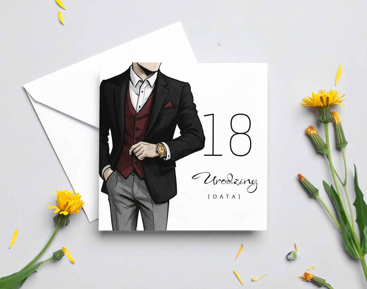 Zaproszenie na 18 urodziny 15x15 z kopertą - Garnitur męski