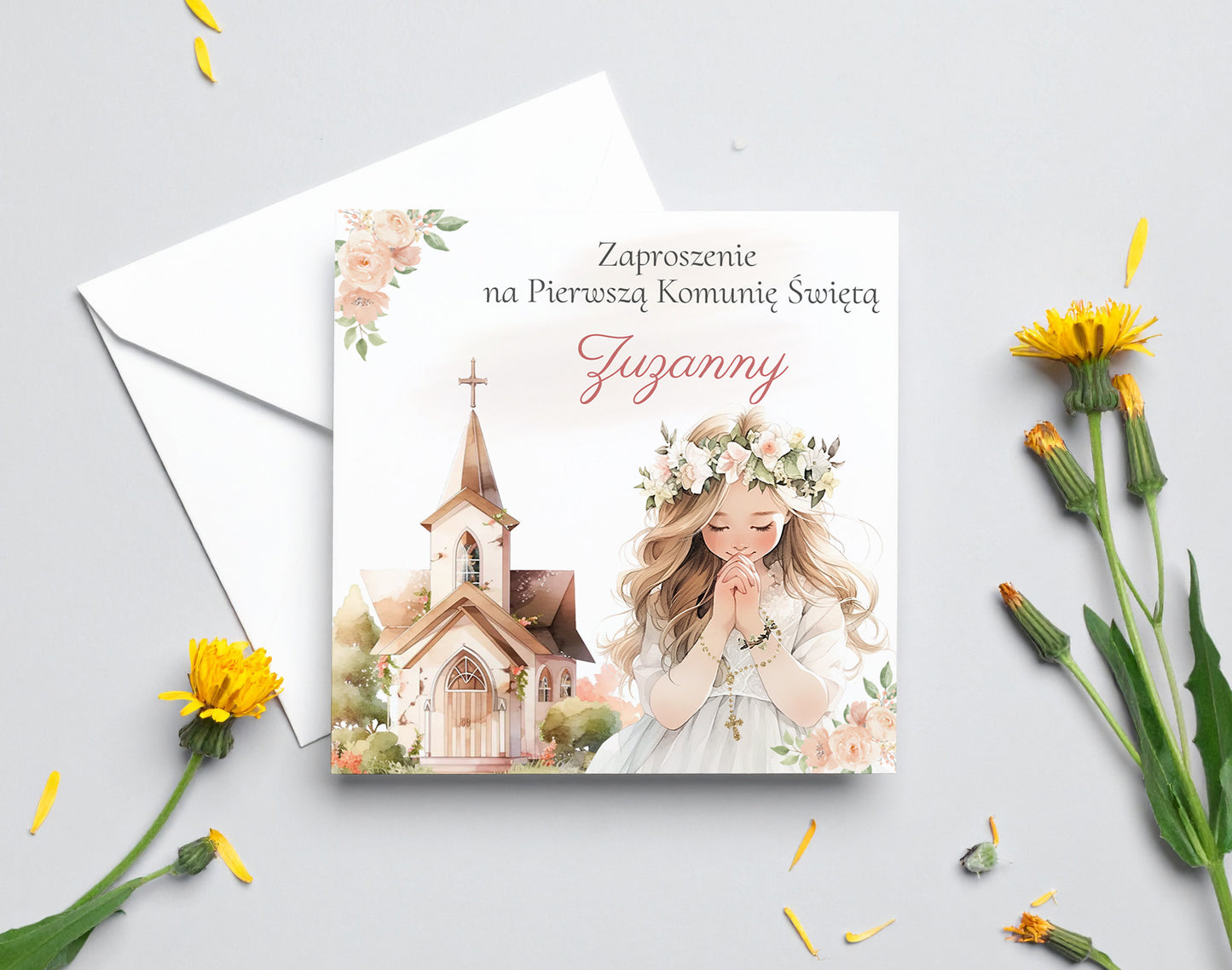 Zaproszenie na I Komunię Świętą – Dziewczynka w wianku