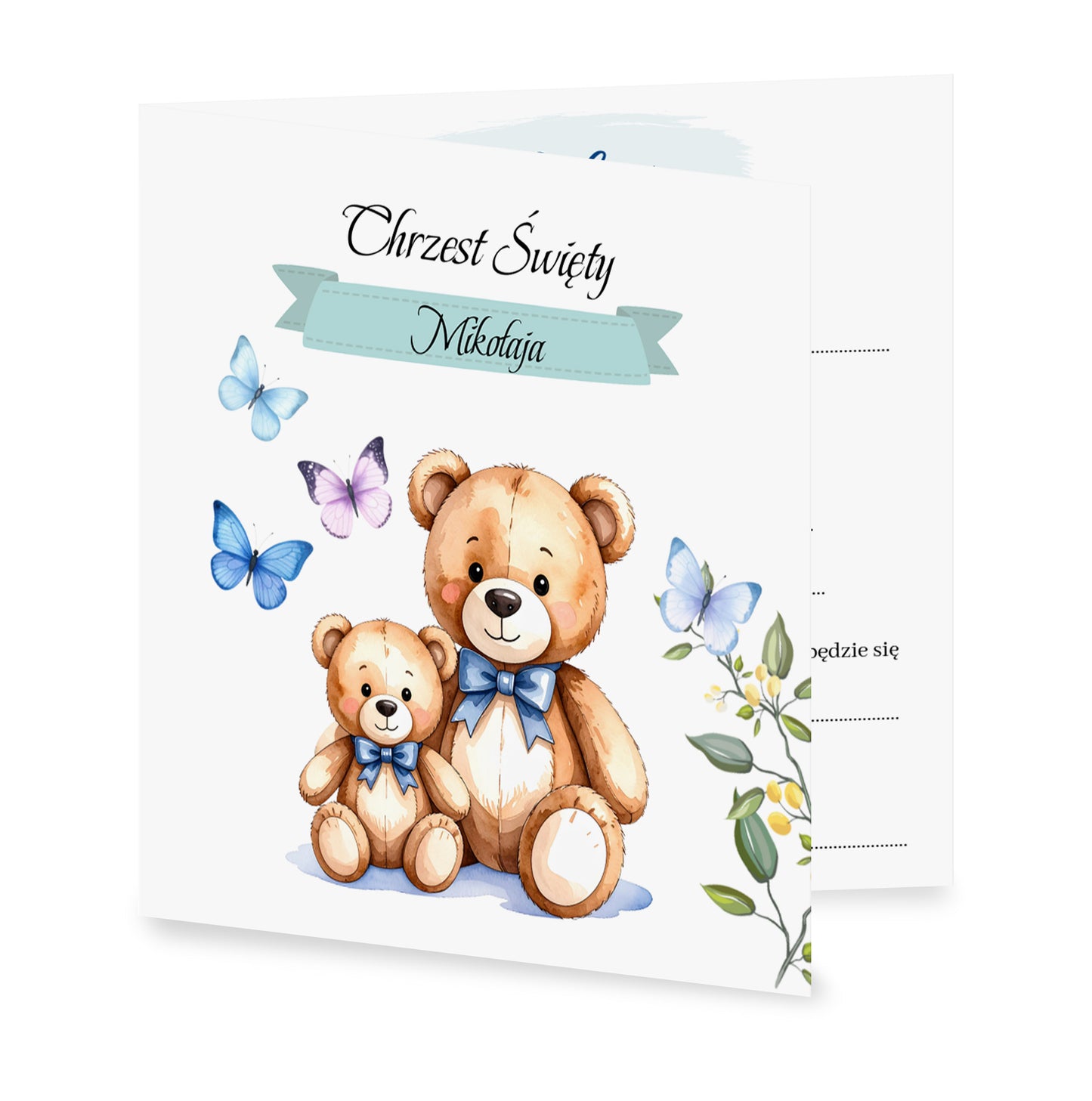 Zaproszenie składane z kopertą na Chrzest - Pluszowy miś i niebieskie motyle