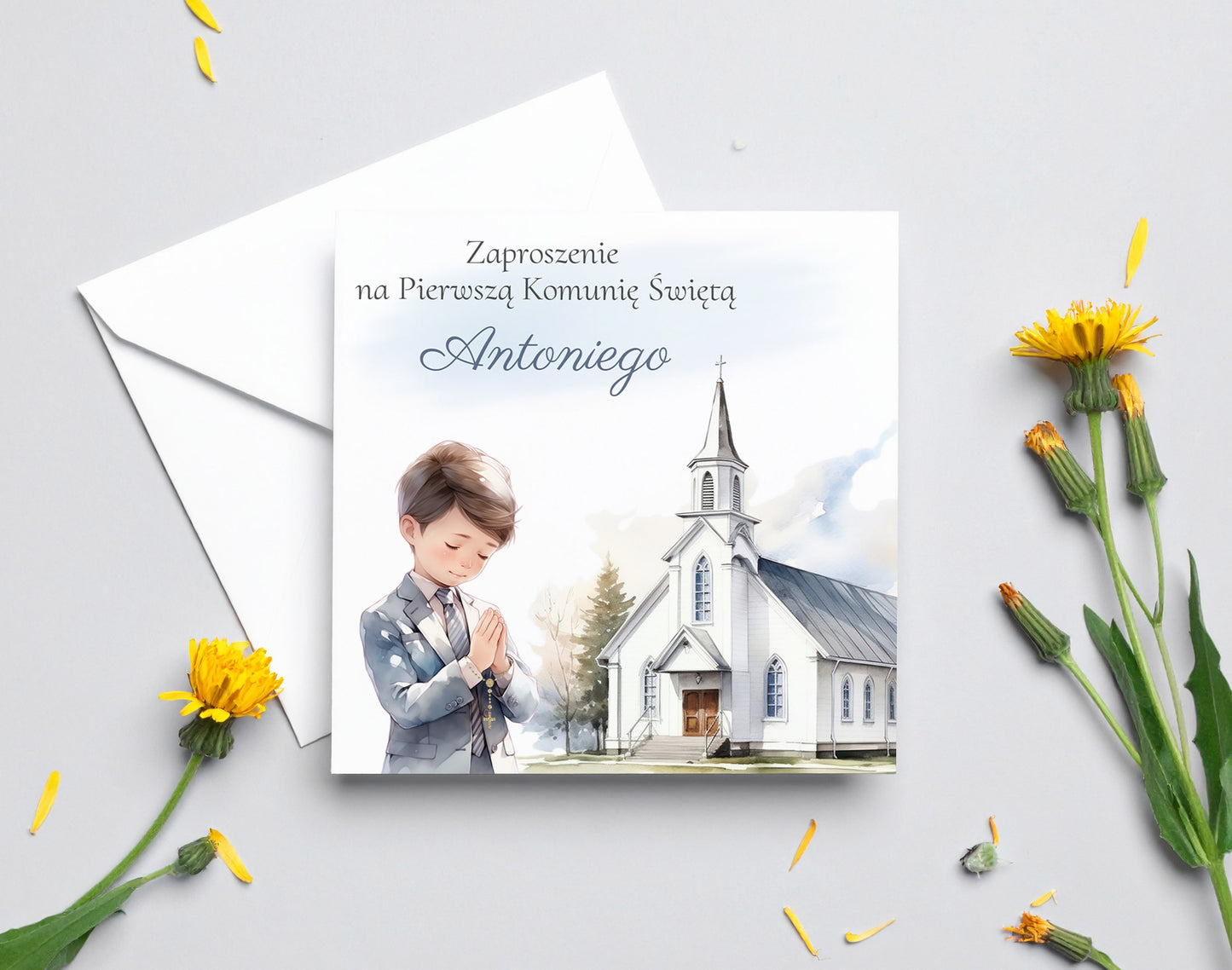 Zaproszenie na I Komunię Świętą – Modlący się chłopiec