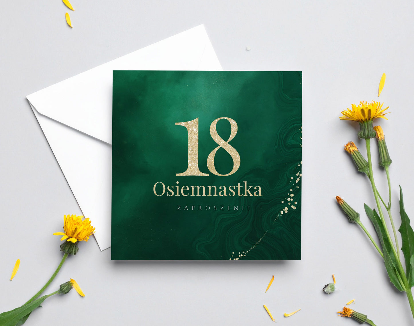 Zaproszenie na 18 urodziny 15x15 z kopertą - Butelkowa zieleń