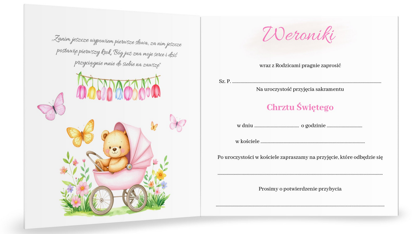 Zaproszenie składane z kopertą na Chrzest - Pluszowy miś i kolorowe motyle