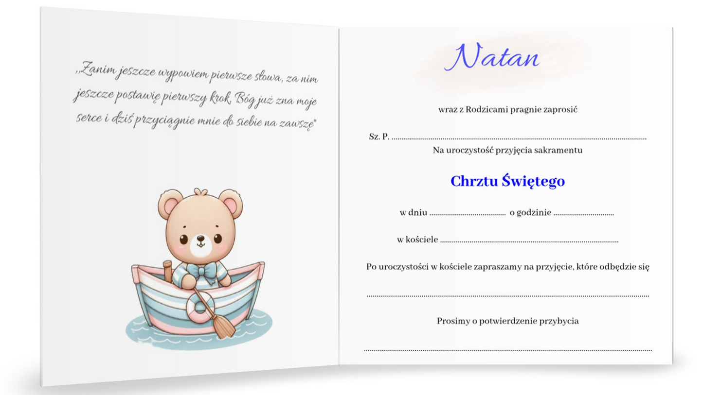 Zaproszenie na Chrzest składane 15x15 z kopertą - Pluszowy miś w niebieskiej muszcze