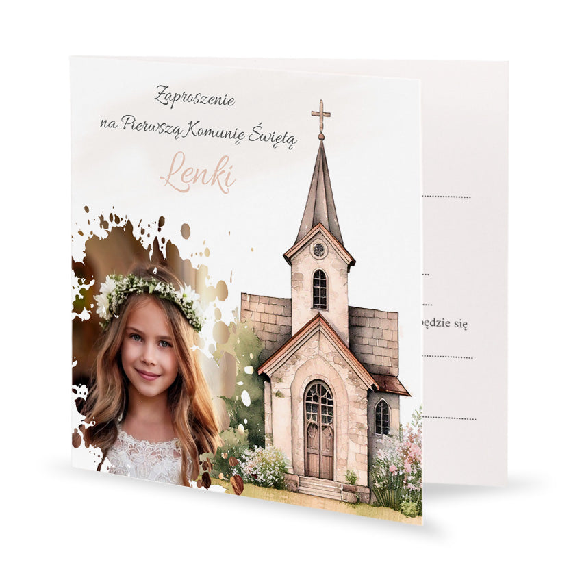 Zaproszenie 15 x 15 cm - I Komunia Święta Akwarela