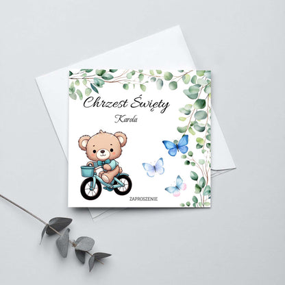 Zaproszenie na Chrzest składane 15x15 z kopertą  - Miś pluszowy na rowerku
