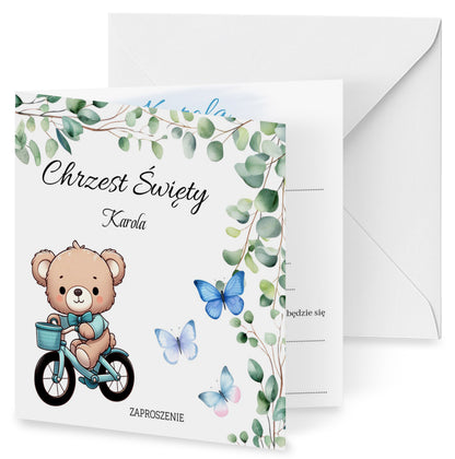 Zaproszenie na Chrzest składane 15x15 z kopertą  - Miś pluszowy na rowerku