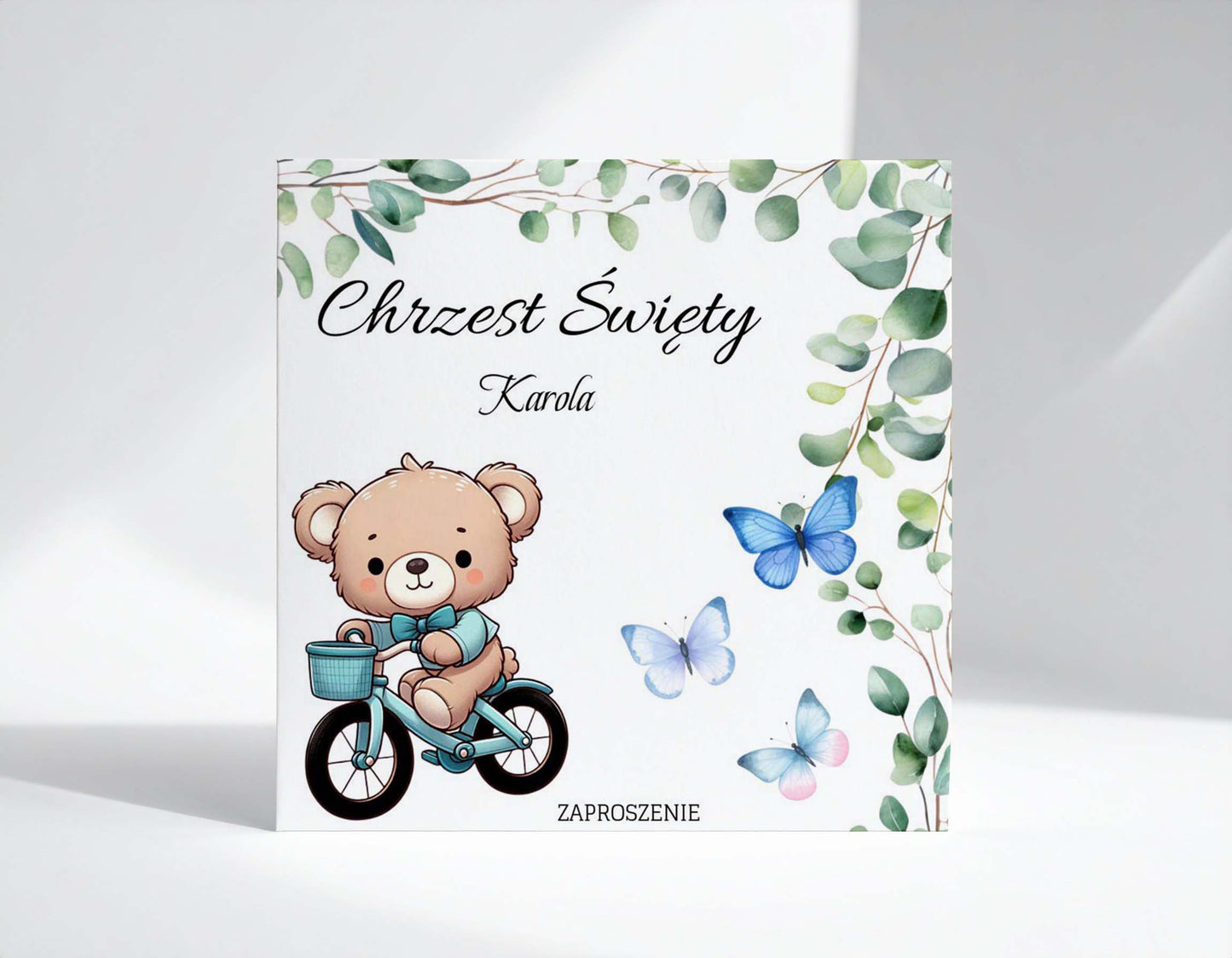 Zaproszenie na Chrzest składane 15x15 z kopertą  - Miś pluszowy na rowerku