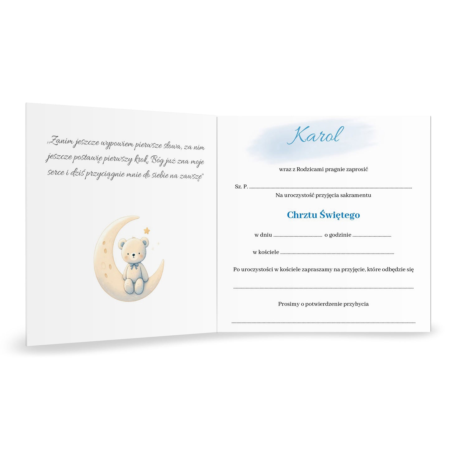 Zaproszenie na Chrzest składane 15x15 z kopertą  - Miś pluszowy na rowerku