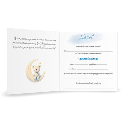 Zaproszenie na Chrzest składane 15x15 z kopertą  - Miś pluszowy na rowerku