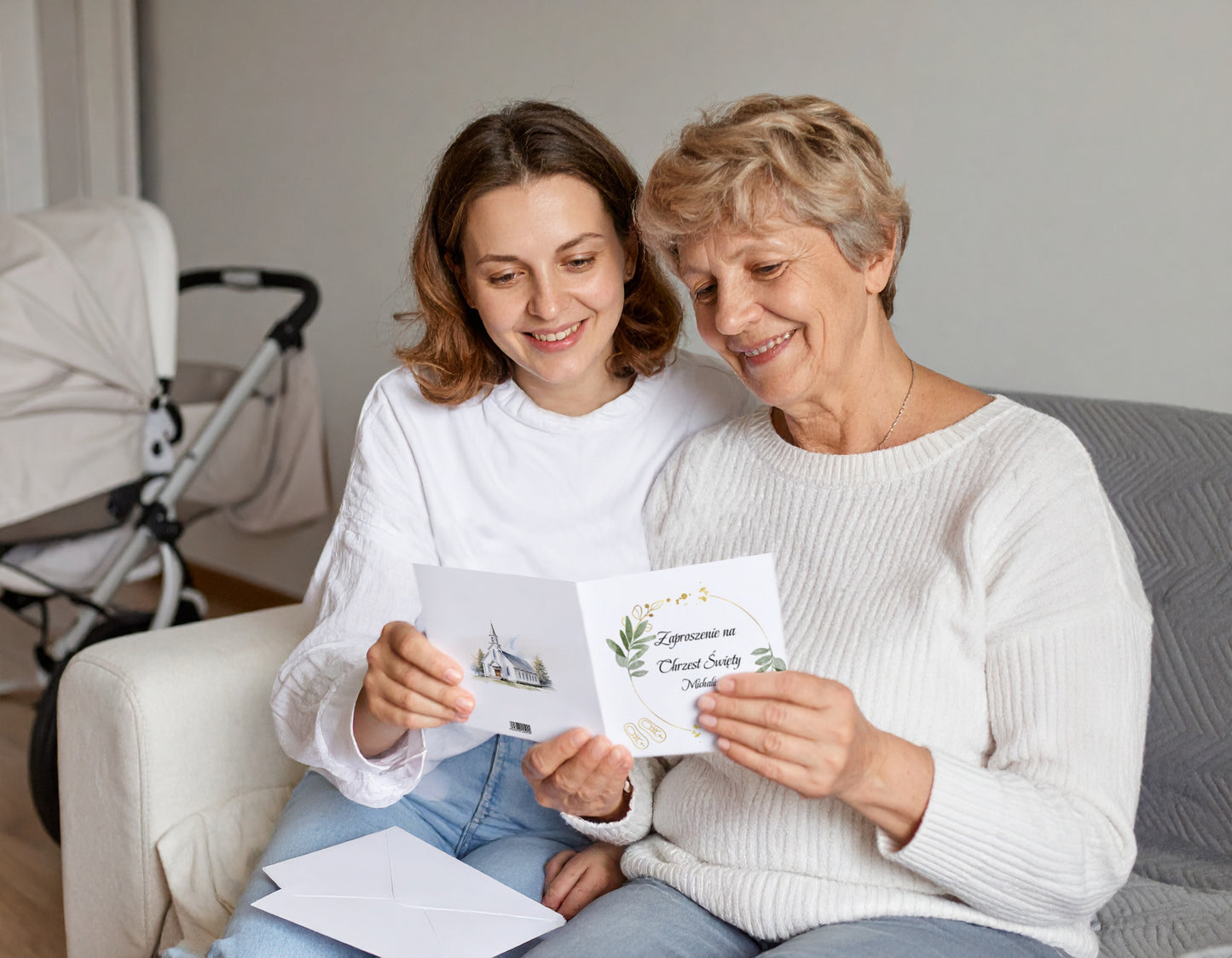 Zaproszenie na Chrzest składane 15x15 z kopertą  - Zielone listki