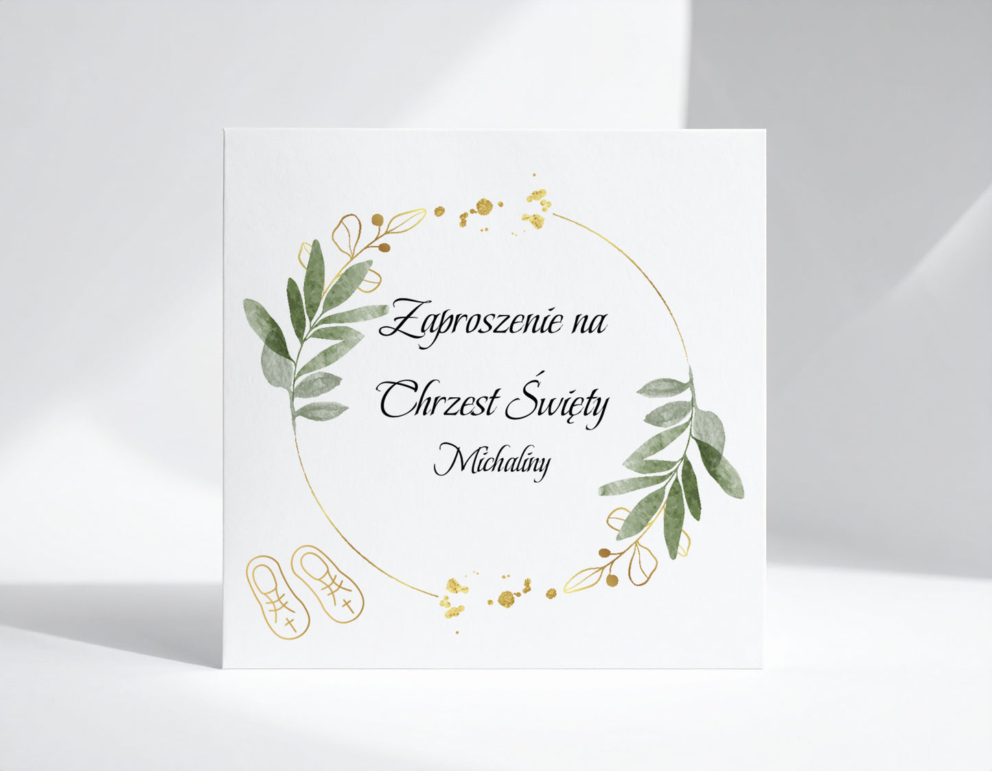 Zaproszenie na Chrzest składane 15x15 z kopertą  - Zielone listki