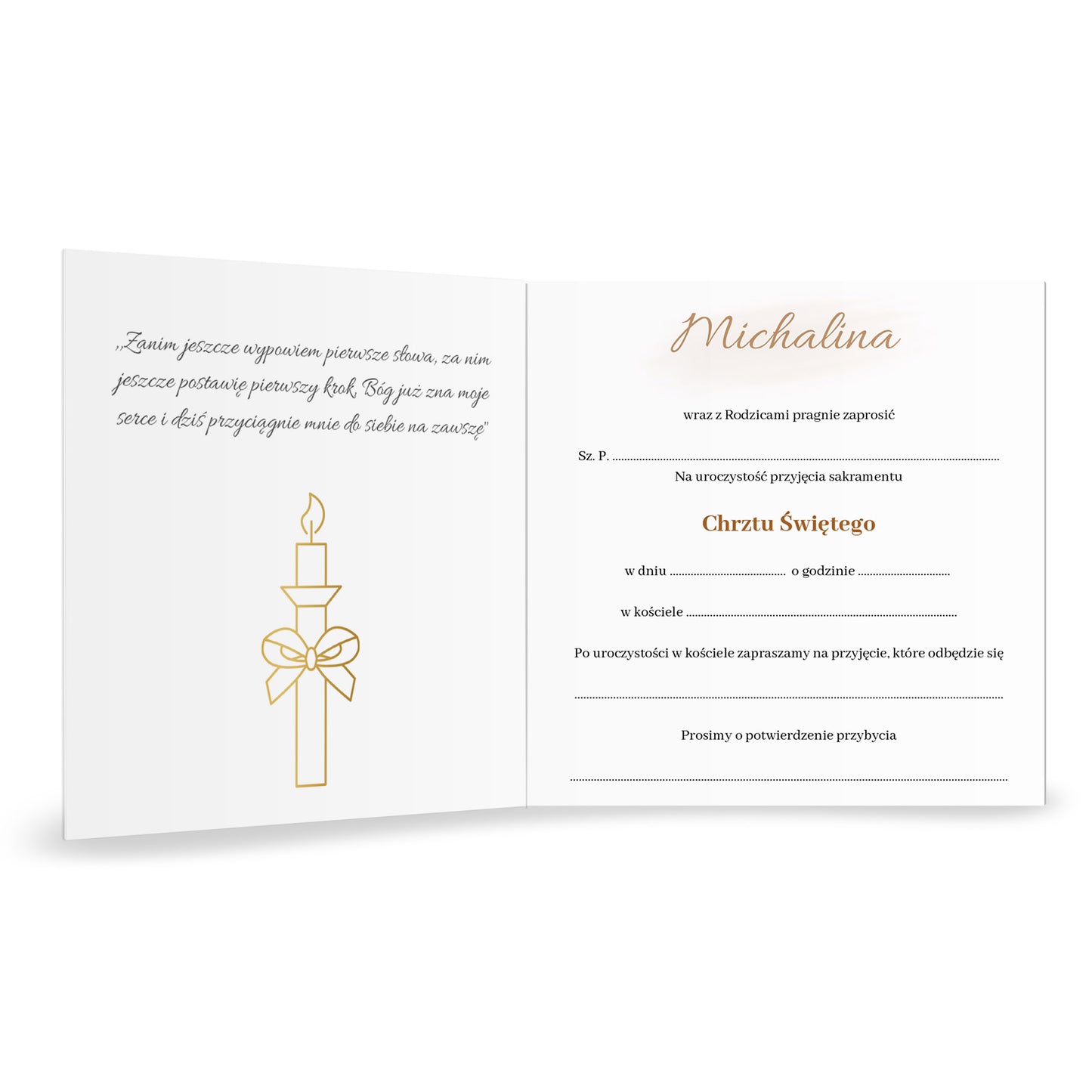 Zaproszenie na Chrzest składane 15x15 z kopertą  - Zielone listki