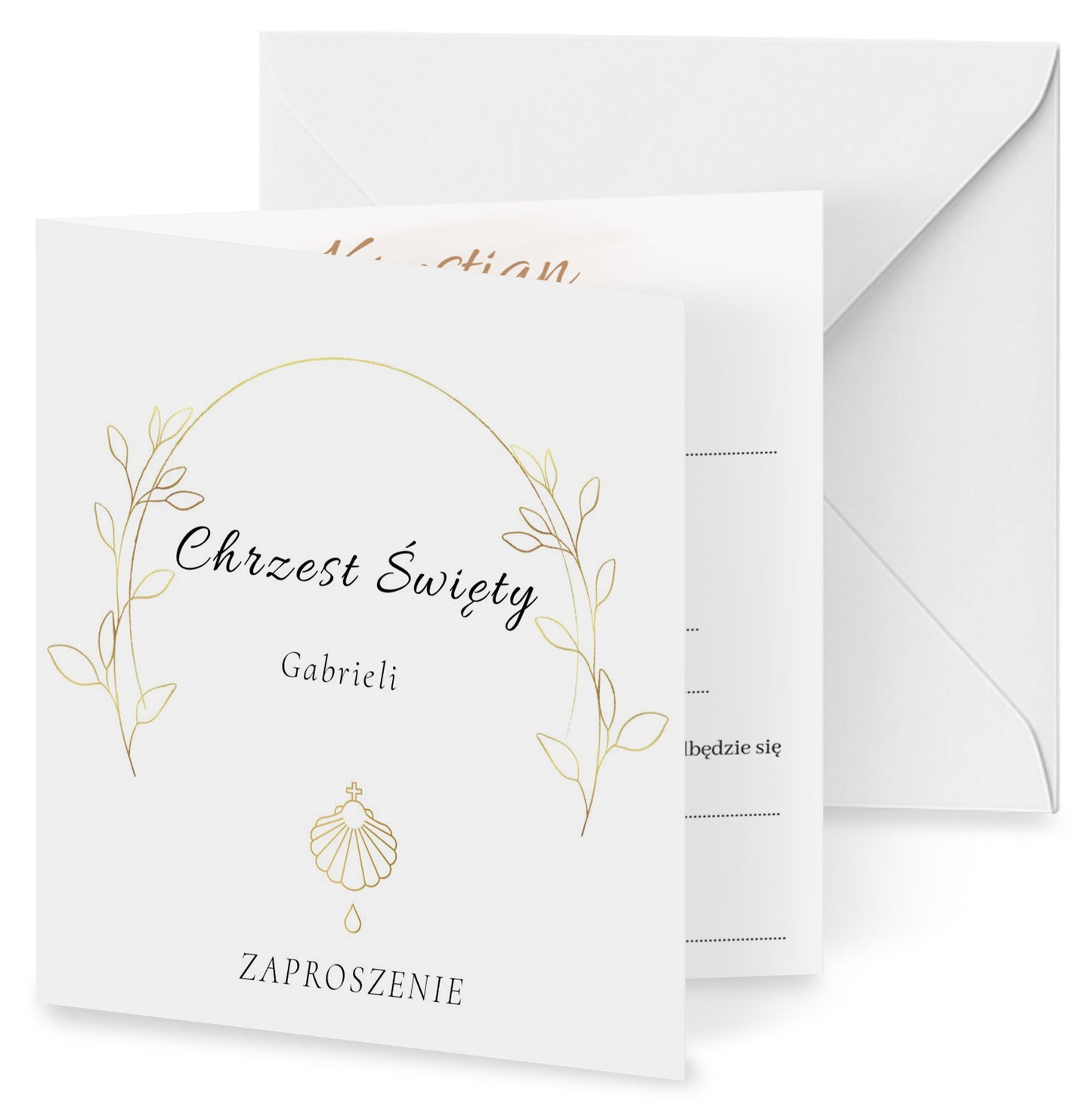 Zaproszenie na Chrzest składane 15x15 z kopertą  -  Złota chrzcielnica