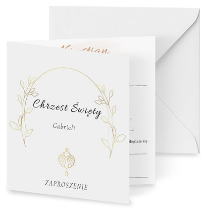 Zaproszenie na Chrzest składane 15x15 z kopertą  -  Złota chrzcielnica