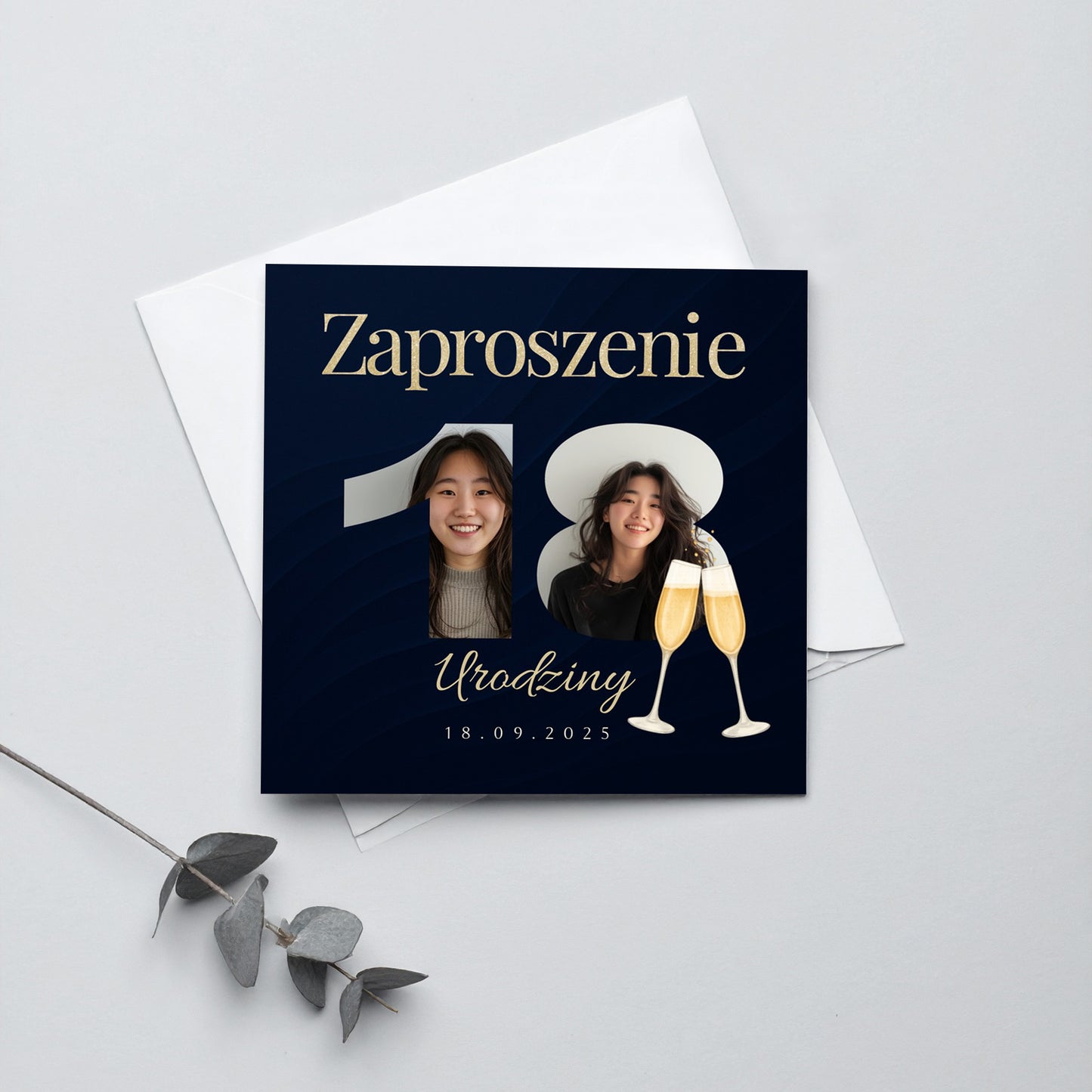 Zaproszenie na 18 urodziny 15x15 z kopertą  -  Personalizowane
