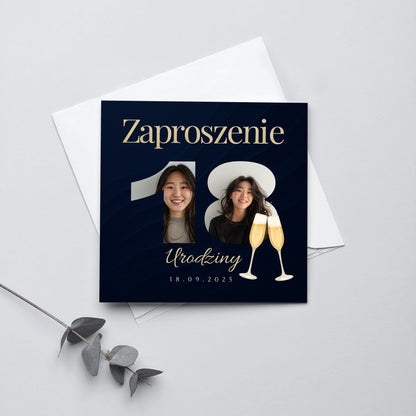 Zaproszenie na 18 urodziny 15x15 z kopertą  -  Personalizowane