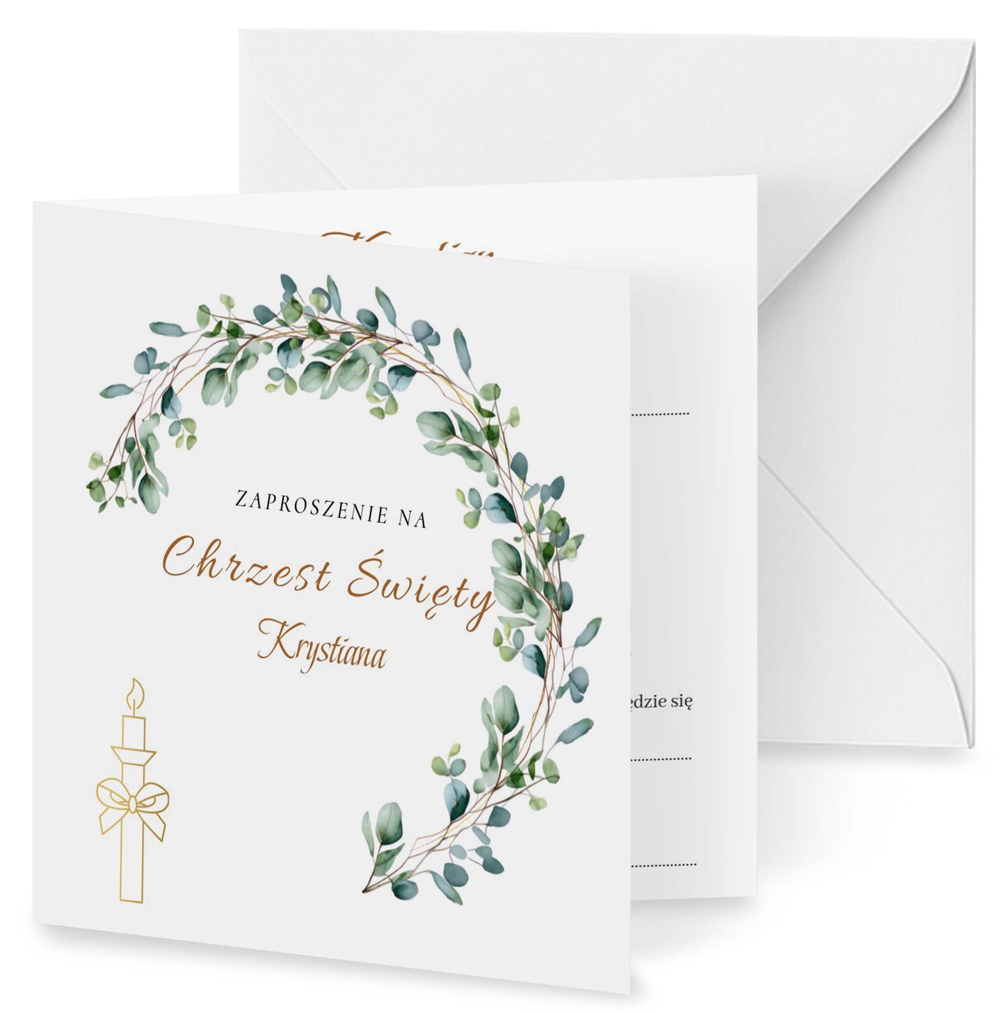 Zaproszenie na Chrzest składane 15x15 z kopertą  -  Świeca i eukaliptus
