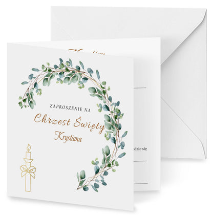 Zaproszenie na Chrzest składane 15x15 z kopertą  -  Świeca i eukaliptus