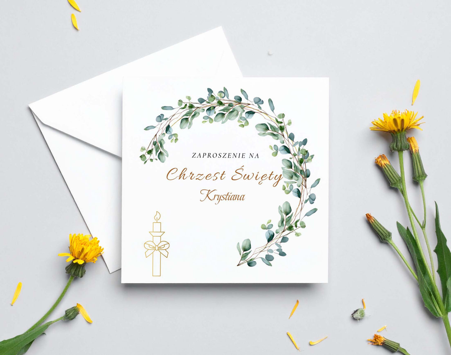Zaproszenie na Chrzest składane 15x15 z kopertą  -  Świeca i eukaliptus