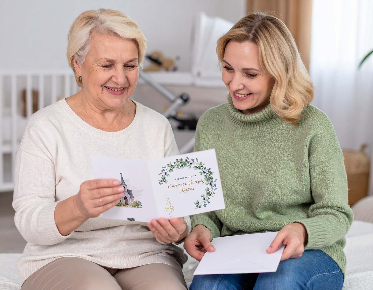 Zaproszenie na Chrzest składane 15x15 z kopertą  -  Świeca i eukaliptus