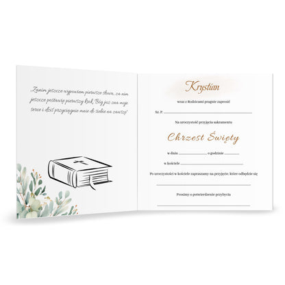 Zaproszenie na Chrzest składane 15x15 z kopertą  -  Świeca i eukaliptus