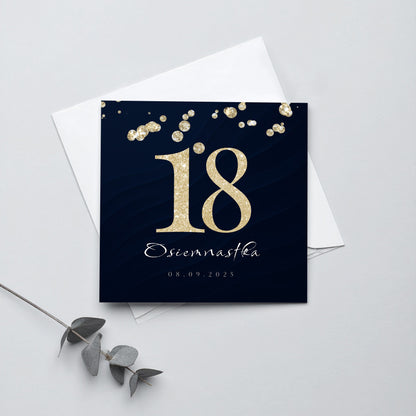 Zaproszenie na 18 urodziny 15x15 z kopertą  -  Niebiesko-złote