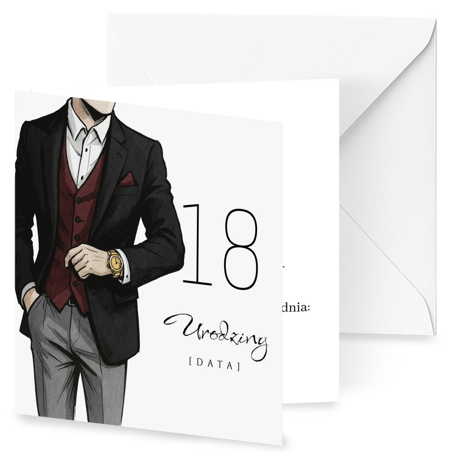 Zaproszenie na 18 urodziny 15x15 z kopertą  -  Garnitur męski