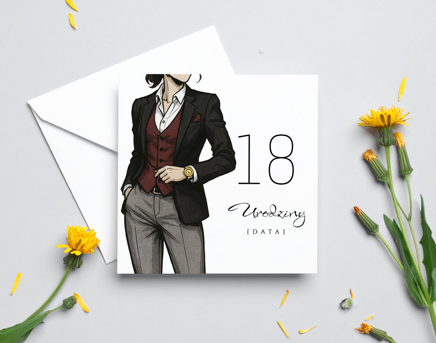 Zaproszenie na 18 urodziny 15x15 z kopertą  -  Garnitur damski
