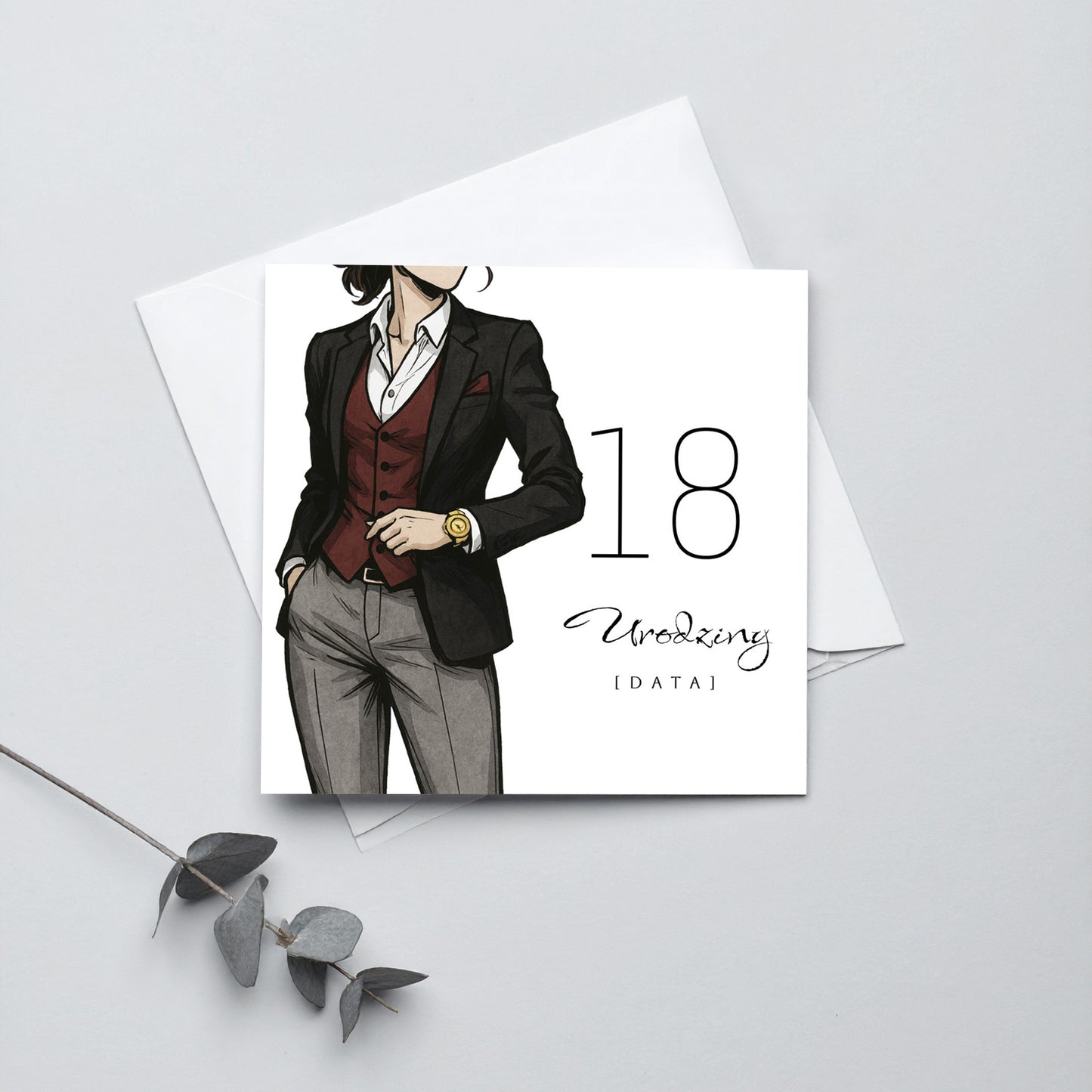 Zaproszenie na 18 urodziny 15x15 z kopertą  -  Garnitur damski