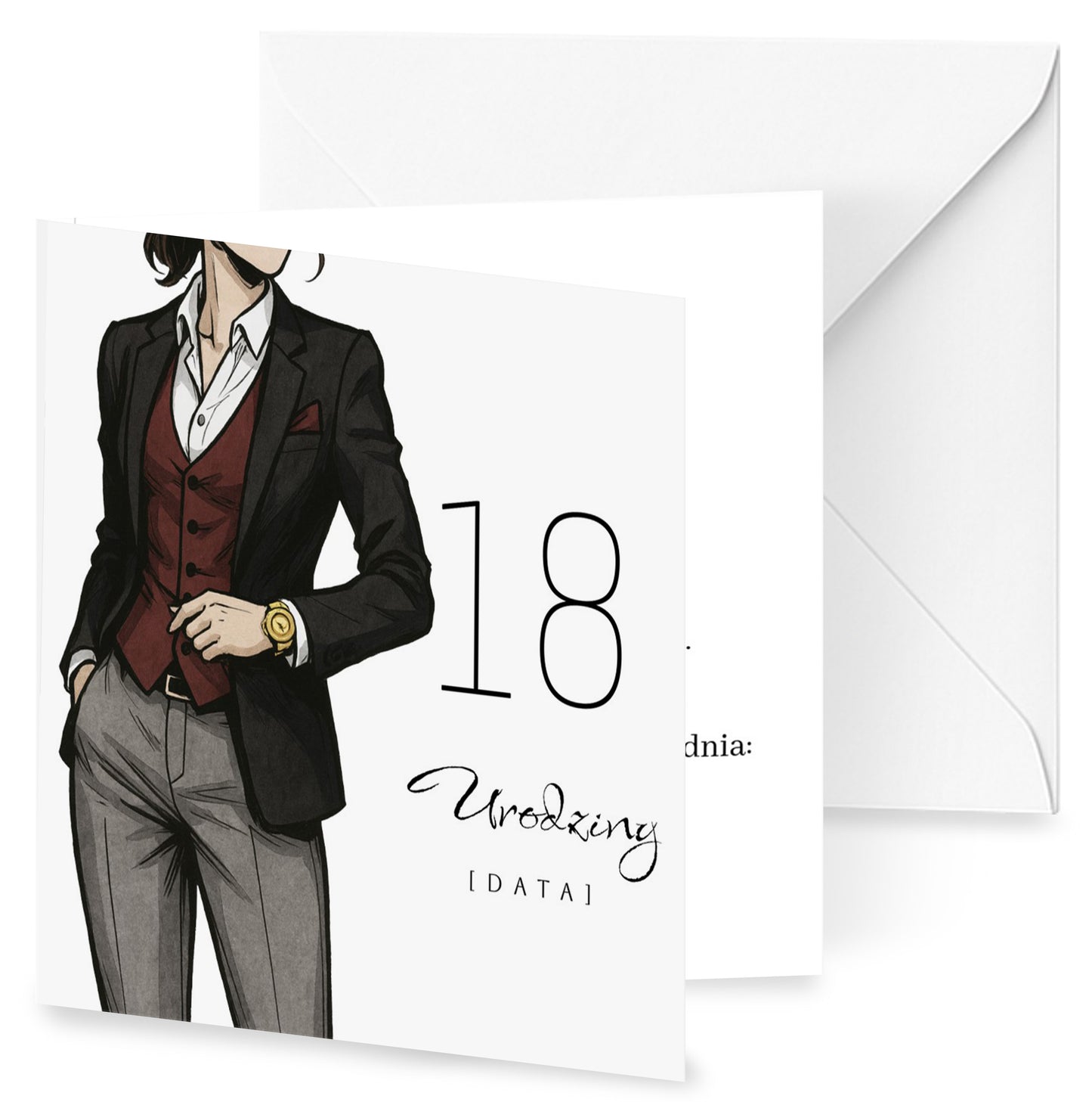 Zaproszenie na 18 urodziny 15x15 z kopertą  -  Garnitur damski