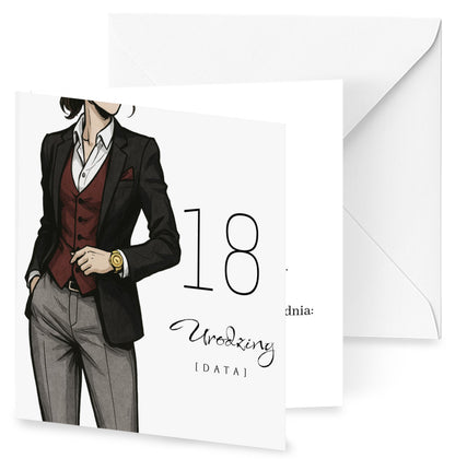 Zaproszenie na 18 urodziny 15x15 z kopertą  -  Garnitur damski