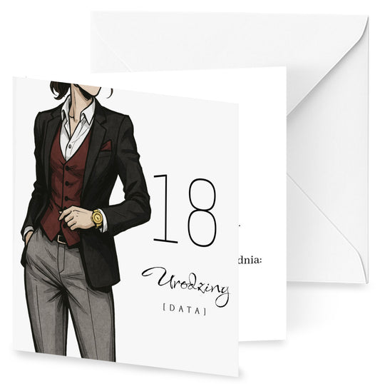 Zaproszenie na 18 urodziny 15x15 z kopertą  -  Garnitur damski