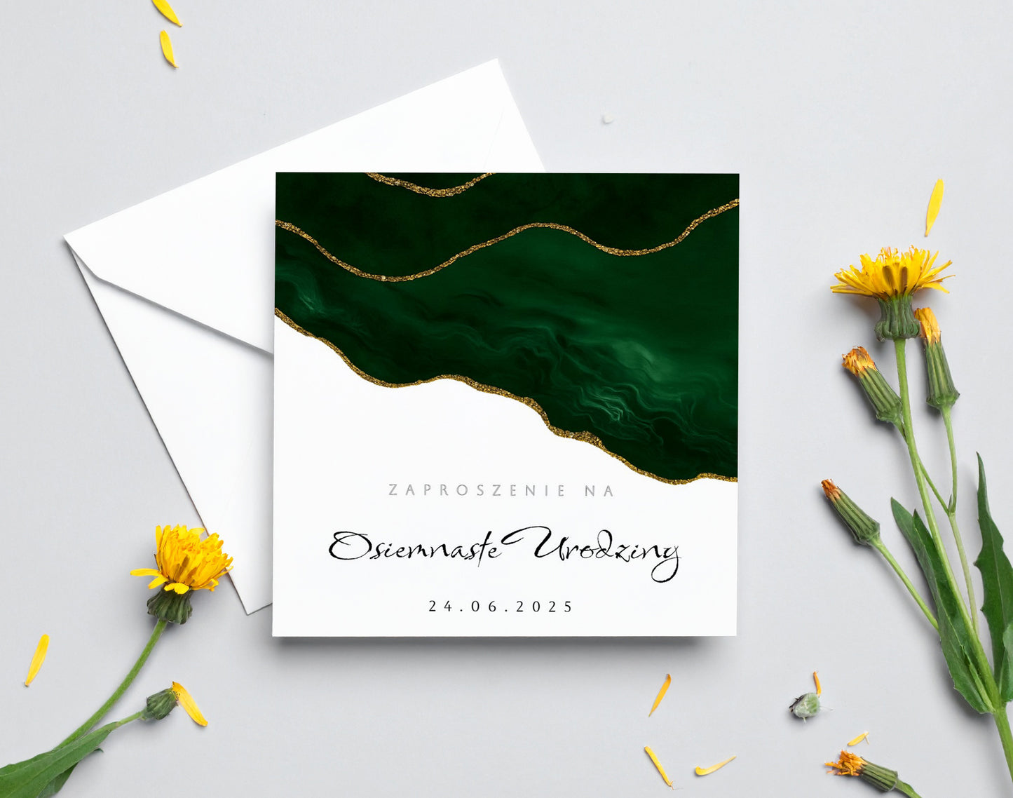 Zaproszenie na 18 urodziny 15x15 z kopertą  -  Zielone fale