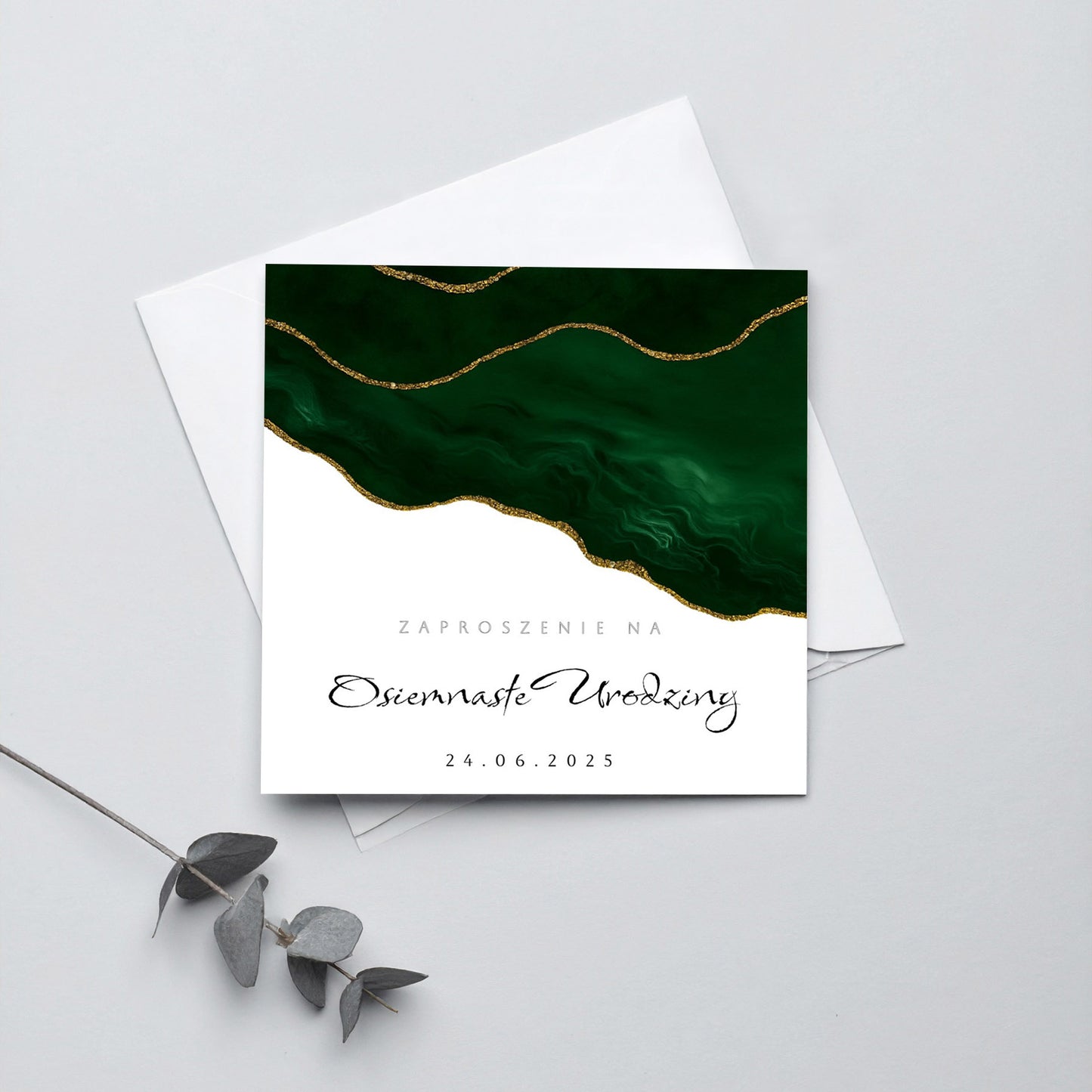 Zaproszenie na 18 urodziny 15x15 z kopertą  -  Zielone fale