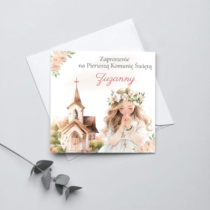 Zaproszenie na I Komunię Świętą – Dziewczynka w wianku