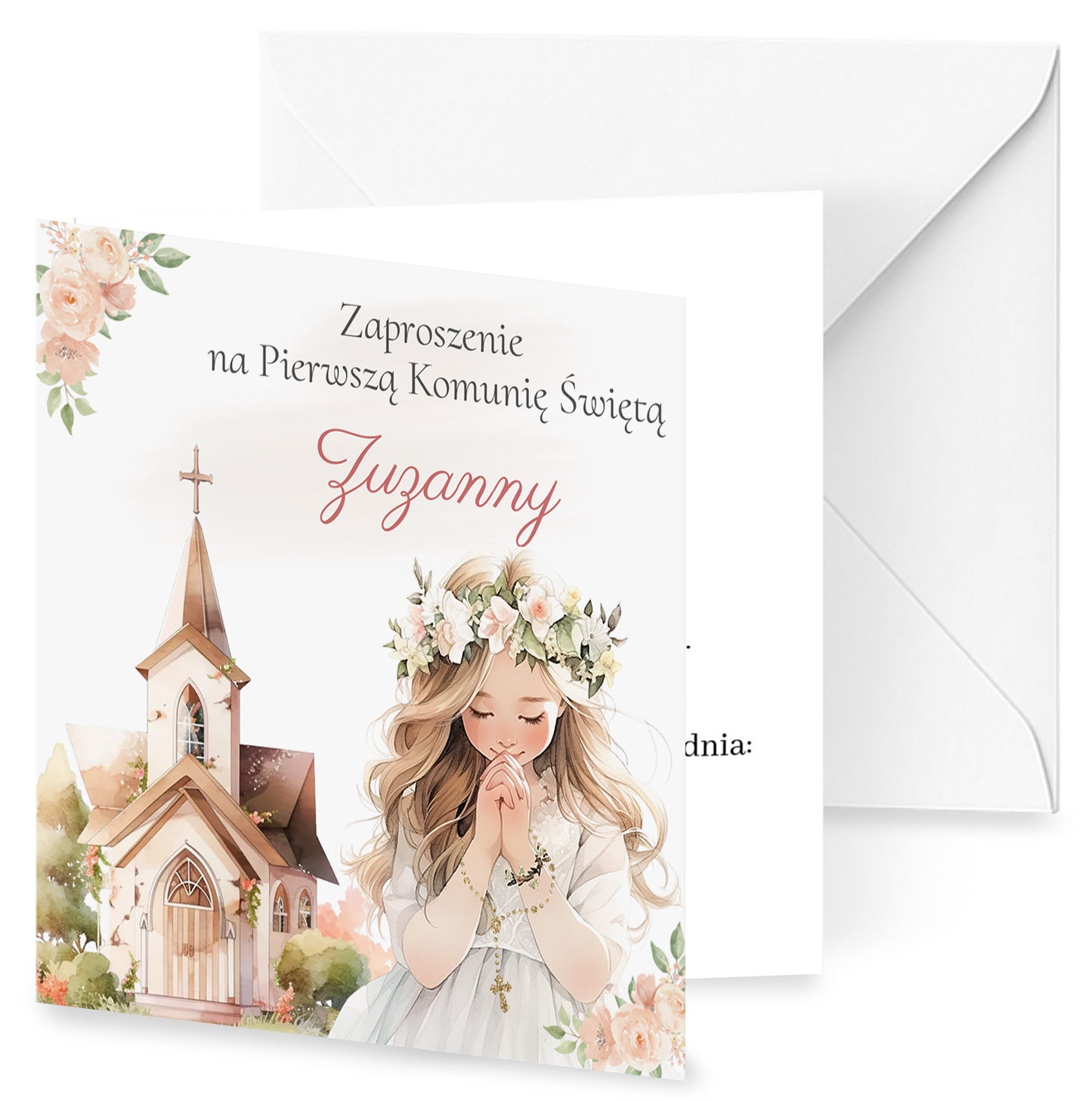 Zaproszenie na I Komunię Świętą – Dziewczynka w wianku