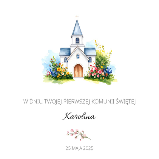 Kartka składana z życzeniami na I Komunię Świętą 15 x 15 cm 4 strony