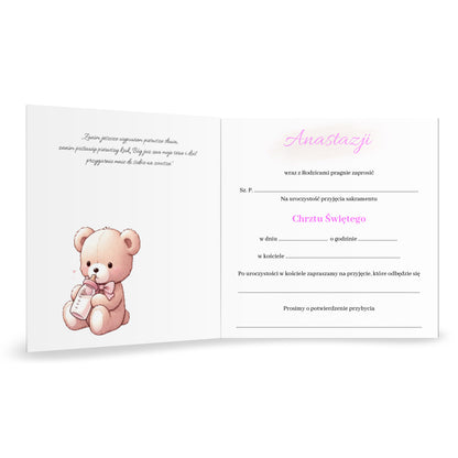 Zaproszenie składane z kopertą na Chrzest - Pluszowy miś z różowymi balonami