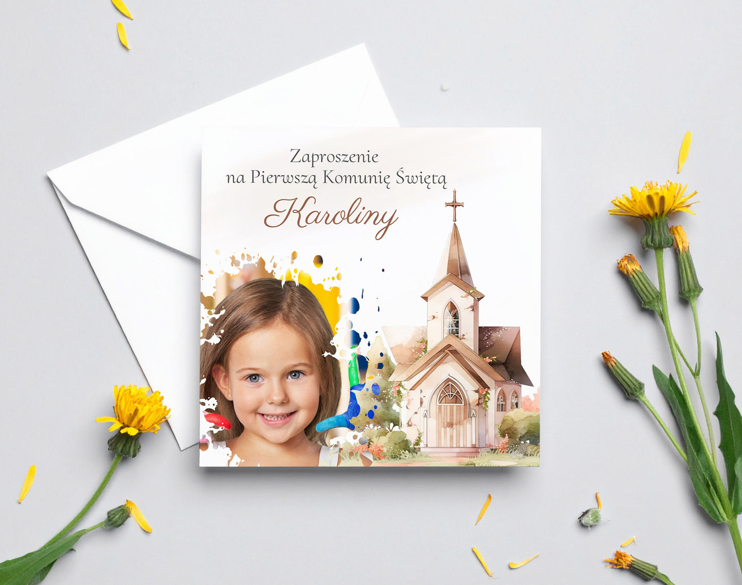 Zaproszenie na I Komunię Świętą – z kościołem + własne zdjęcie