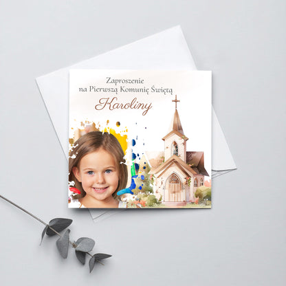 Zaproszenie na I Komunię Świętą – z kościołem + własne zdjęcie
