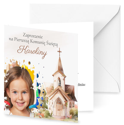 Zaproszenie na I Komunię Świętą – z kościołem + własne zdjęcie