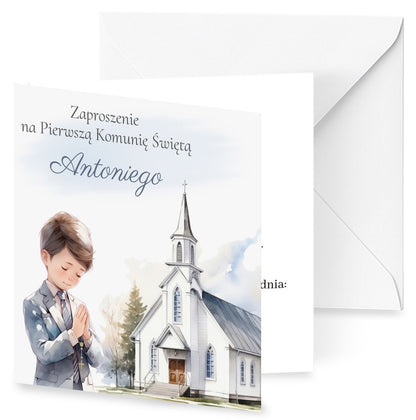 Zaproszenie na I Komunię Świętą – Modlący się chłopiec