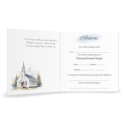 Zaproszenie na I Komunię Świętą – Modlący się chłopiec