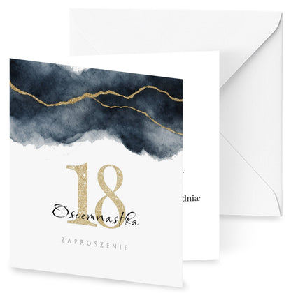 Zaproszenie na 18 urodziny 15x15 z kopertą  -  Granatowo-złote