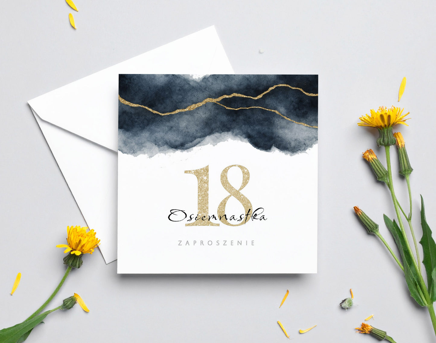 Zaproszenie na 18 urodziny 15x15 z kopertą  -  Granatowo-złote