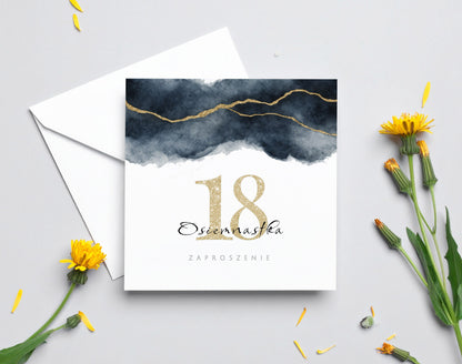Zaproszenie na 18 urodziny 15x15 z kopertą  -  Granatowo-złote