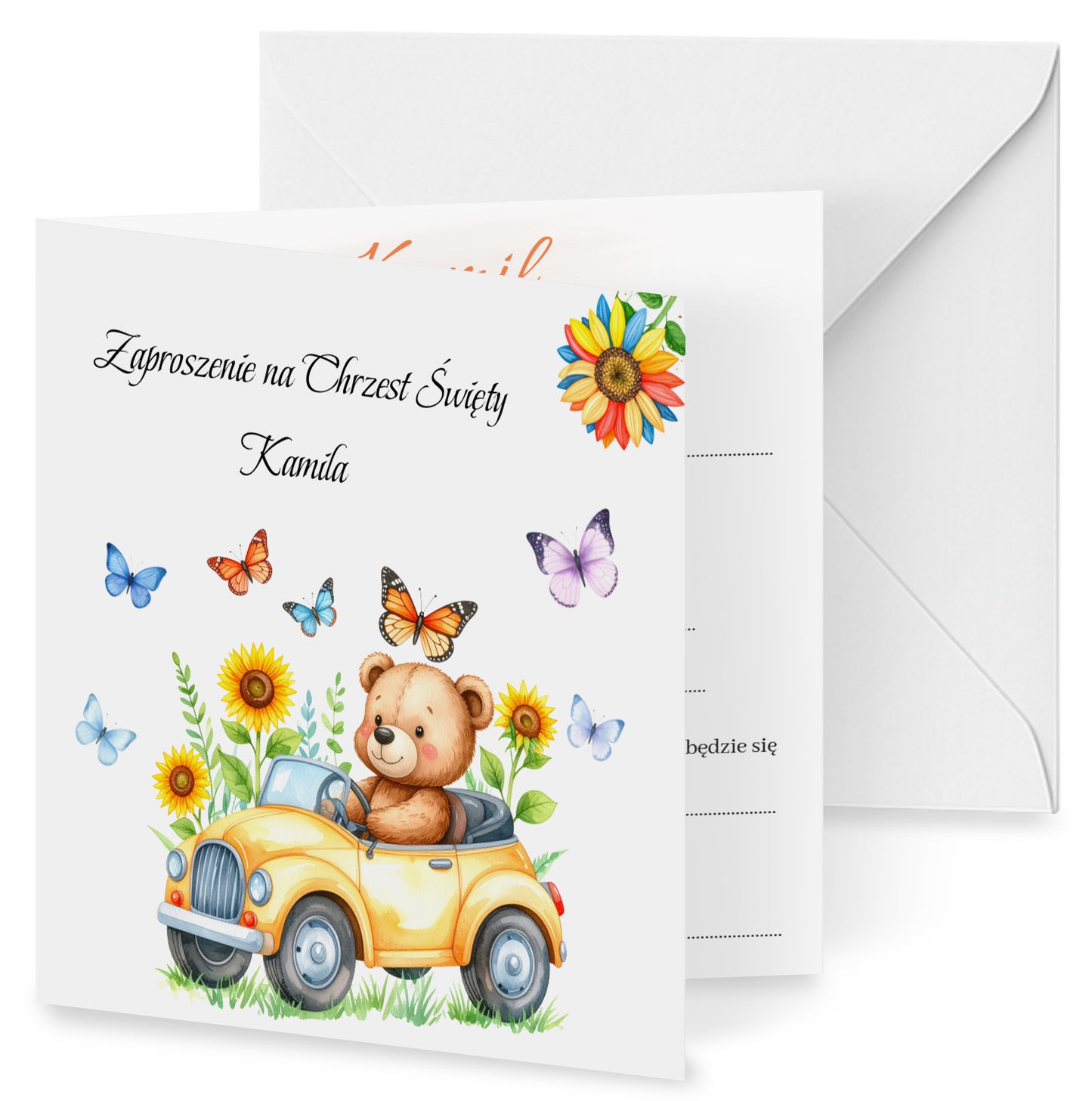 Zaproszenie składane z kopertą na Chrzest - Pluszowy miś w żółtym samochodzie